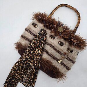 Boho Chic Handbag With Bamboo Handles & Leopard Print Scarf Knitted Felted